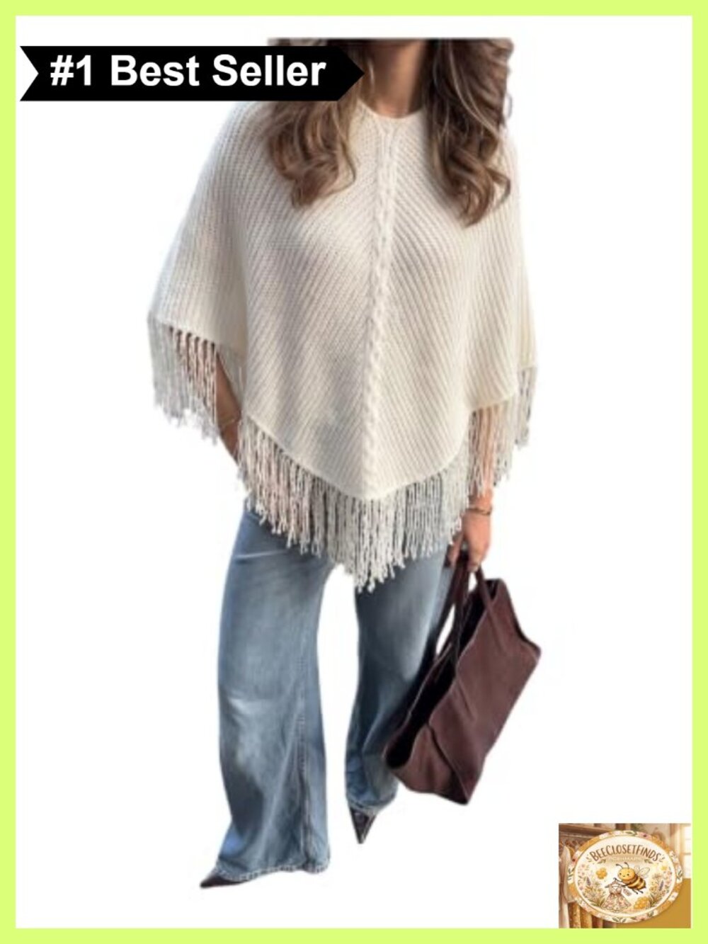 Fringe Knit Poncho Sweater Cape Lightweight Crew Neck 3/4 Sleeve